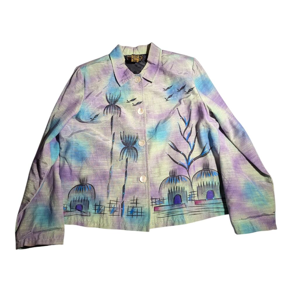 Vtg Y2K Alex Ku Lavender Blue Airbrushed Hand Painted Cotton Blend Jacket P L